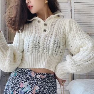 Polo-neck Pointelle Knit Sweater