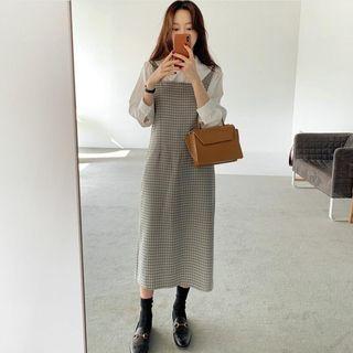 Balloon-sleeve Blouse / Plaid Midi Jumper Dress