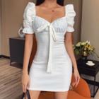 Puff-sleeve Sweetheart Neckline Tie-front Plain Mini Sheath Dress