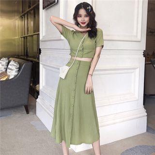 Set: Short-sleeve Buttoned Crop Top + A-line Midi Skirt