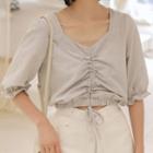 Balloon-sleeve Drawstring Cropped Blouse