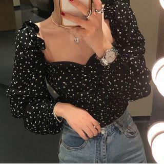 Puff-sleeve Dotted Blouse Black - One Size