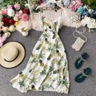 Pineapple Print High-waist Spaghetti-strap Dress