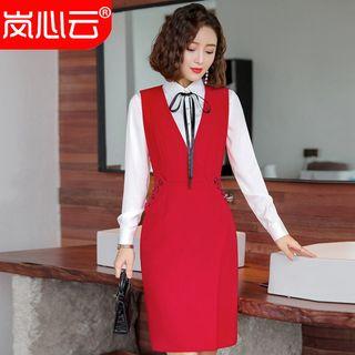 Sleeveless V-neck Sheath Dress / Plain Shirt