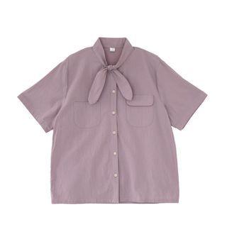 Short-sleeve Tie-neck Blouse Mauve - One Size