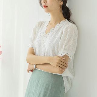 Puff-sleeve Sheer Crochet Blouse Ivory - One Size