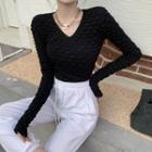Long-sleeve Textured V-neck T-shirt