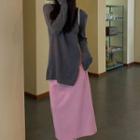 Long-sleeve Slit-hem Knit Top / Midi A-line Skirt