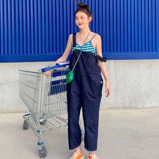 Striped Buttoned Camisole Top / Cropped Denim Dungaree