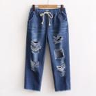Drawstring Waist Ripped Washed Jeans