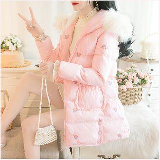 Furry Trim Hooded Embroidered Padded Coat