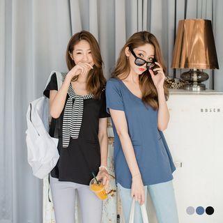 Double Pocketed Basic Cotton Wide Neck Tee