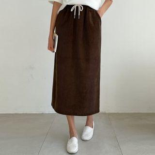 Drawcord Slit-back Corduory Long Skirt