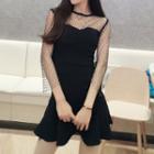Mesh Panel 3/4-sleeve A-line Dress