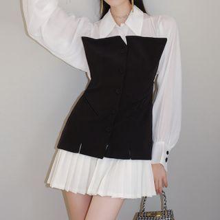 Mock Two-piece Puff-sleeve Paneled Shirtdress