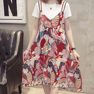 Short-sleeve T-shirt / Printed Midi Pinafore Dress / Mini Skirt / Mock Two-piece Short-sleeve Midi Dress / Set