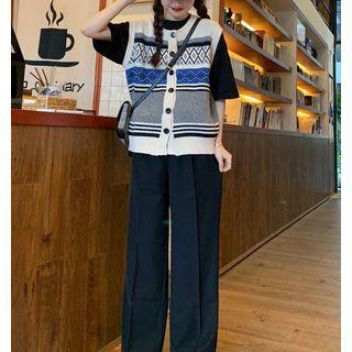 Patterned Knit Vest / Short-sleeve Plain T-shirt / Straight-cut Pants