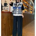 Patterned Knit Vest / Short-sleeve Plain T-shirt / Straight-cut Pants