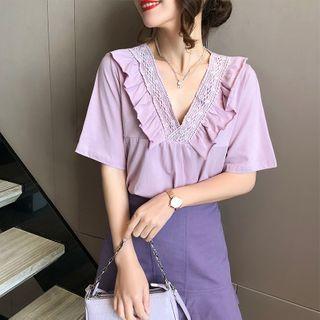 V-neck Ruffled Elbow-sleeve Top