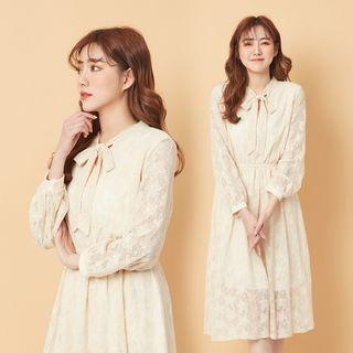 Long-sleeve Tie-neck A-line Lace Dress Almond - One Size
