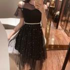 Short-sleeve Cold Shoulder Star Patterned Mesh Overlay Dress