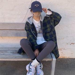 Plaid Hooded Button-up Jacket Plaid - Green & Blue - One Size