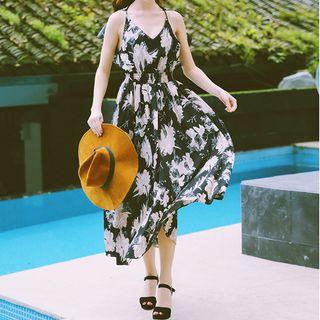 Sleeveless Floral Open Back A-line Midi Dress