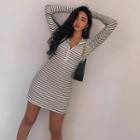 Hooded Zip-front Striped Mini Dress Ivory - One Size