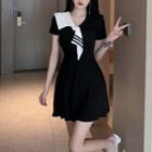 Short-sleeve Mock-collar Mini A-line Dress Black - One Size