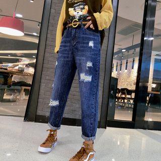 Ripped Cropped Straight-cut Jeans