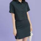 Gingham Short-sleeve Shirt / Slit A-line Mini Skirt