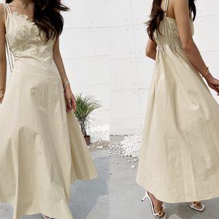 Frilled Flared Long Sundress Beige - One Size