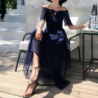 Short-sleeve Off-shoulder Tiered Maxi A-line Dress