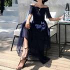 Short-sleeve Off-shoulder Tiered Maxi A-line Dress