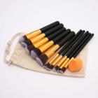 Set Of 10: Makeup Brush With Linen Pouch Zh-007 - With Pouch - 10 Pcs - Gold Tube - Black - One Size
