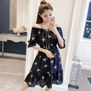 Floral Off Shoulder Short-sleeve A-line Dress