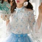 Flower Applique Cut Out Shoulder Long Sleeve Mesh Top
