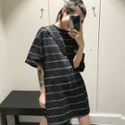 Striped Elbow-sleeve T-shirt Dress Black - One Size