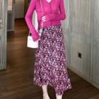 Plain Cardigan / Flower Print Midi A-line Skirt