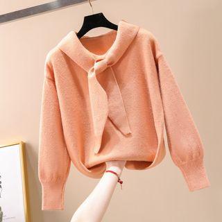 Long-sleeve Tie-neck Plain Knit Top