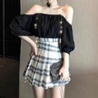 Cold-shoulder Shirred Blouse / Plaid Mini A-line Skirt