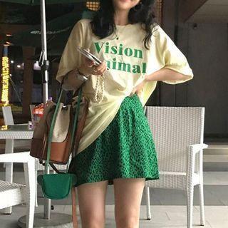 Elbow-sleeve Lettering Print T-shirt / Leopard Print Mini Pencil Skirt