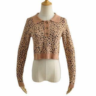 Polo-neck Leopard Print Knit Top