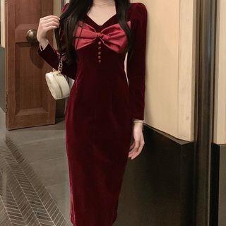 Long-sleeve Bow Velvet Sheath Dress