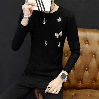 Long-sleeve Butterfly Embroidered Basic Sweater