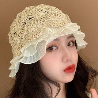 Ruffle Trim Straw Panel Bucket Hat