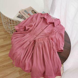 Set: Plain Short-sleeve Blouse + Wide-leg Shorts