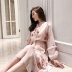 Set: Flower Print Long-sleeve Midi A-line Dress + Slipdress