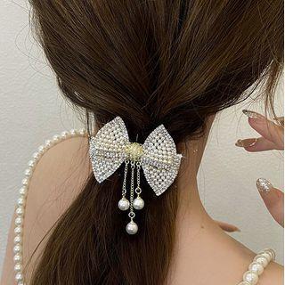 Bow Rhinestone Faux Pearl Hair Clip A3765 - White - One Size