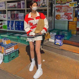 Collared Letter Color-block T-shirt